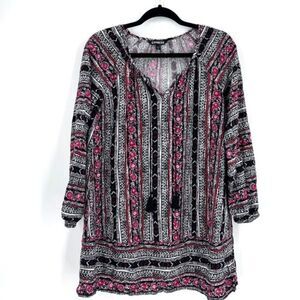 Express Women's V Neck Boho tunic Blouse Tassel Floral Mini  Red‎ Black small
